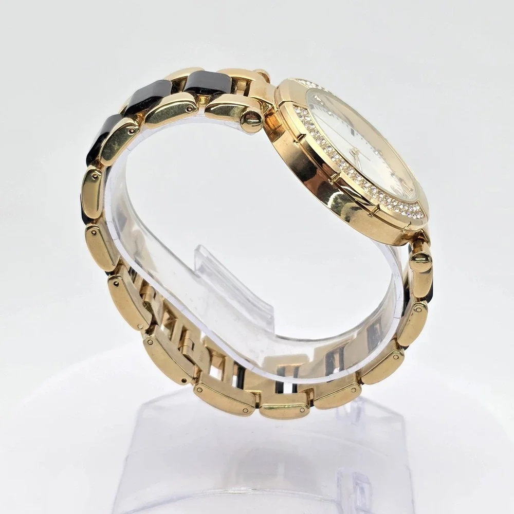 New‎ CHICO'S Ladies Watch Mother of Pearl CZ Encrusted Black Gold Tone Band
